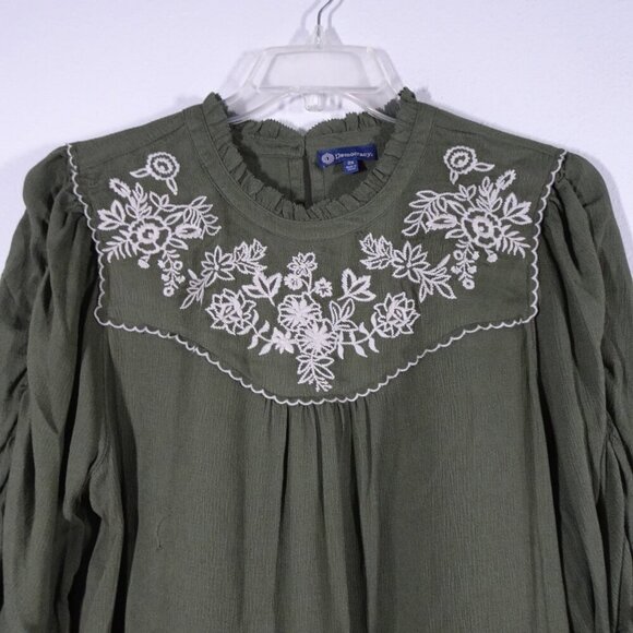 Democracy Embroidered Top Women's Plus Size 2X Green Puff Sleeve Boho Peasant - Picture 2 of 9